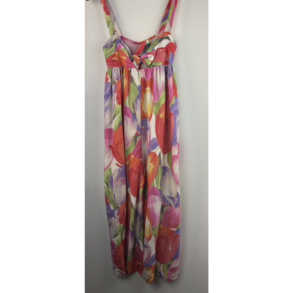 Pepaloves Playsuit Wide Leg Floral Watercolor Jumpsuit Bow Tie Front Pocket Sz M - Picture 3 of 13